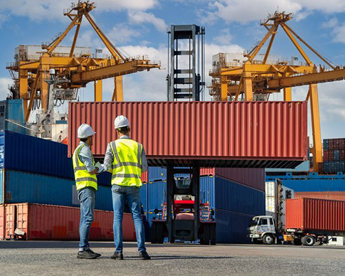 Container port with cranes and engineers managing cargo logistics for global industrial trade.