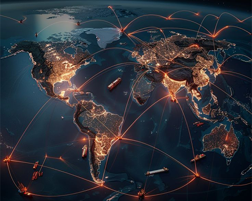 Global network visualization representing international business connections and trade opportunities.