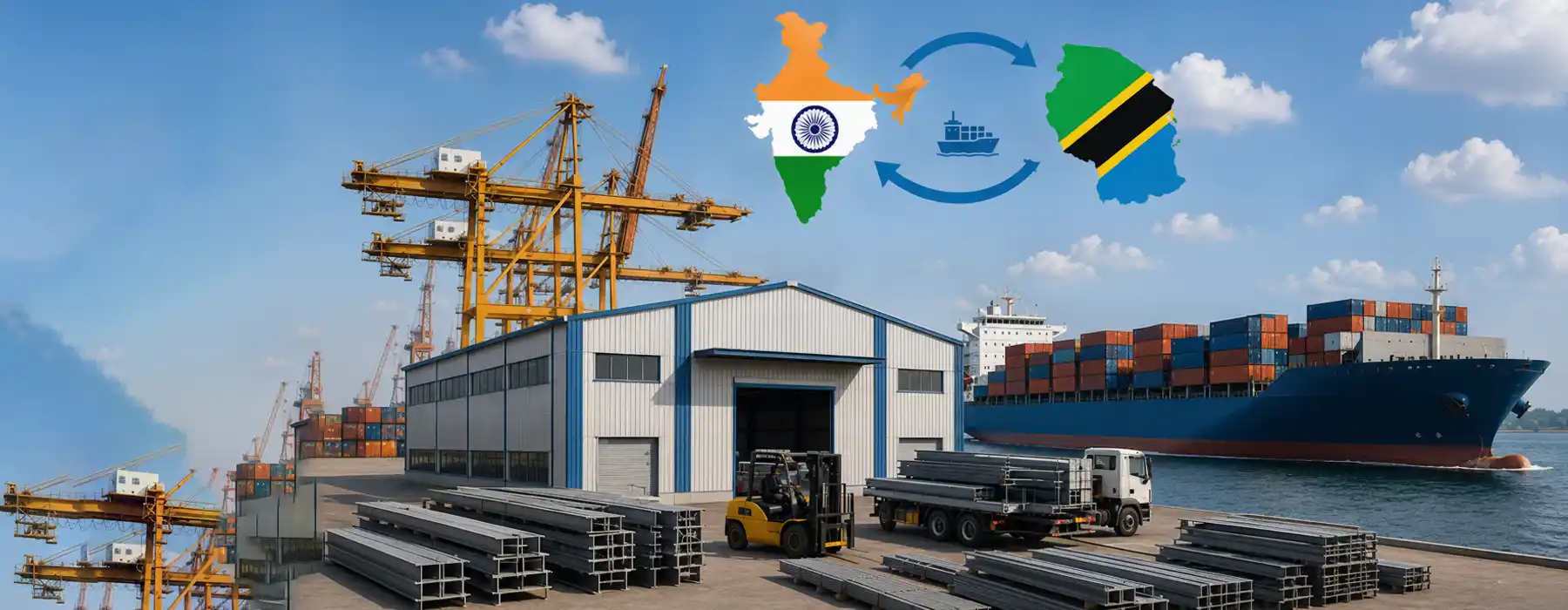 Industrial PEB steel warehouse building and cargo shipping route graphics from India to Tanzania