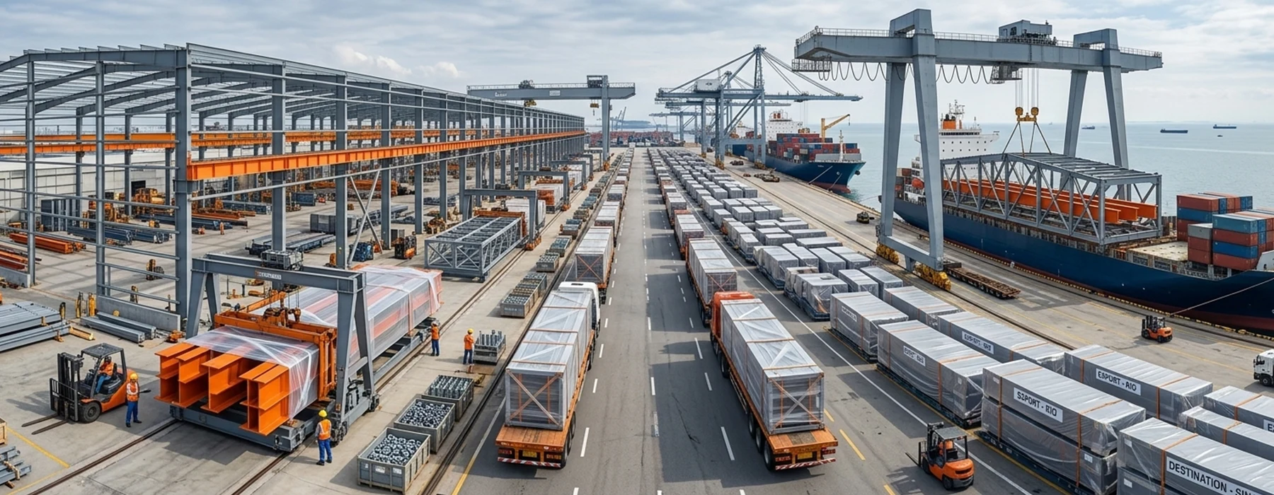 Pre-engineered steel frame structure being prepared for export from an Indian manufacturing facility