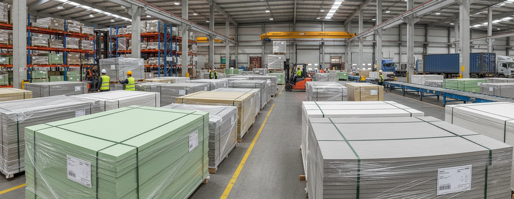 Stacked fibre reinforced cement boards ready for export from an Indian manufacturing facility