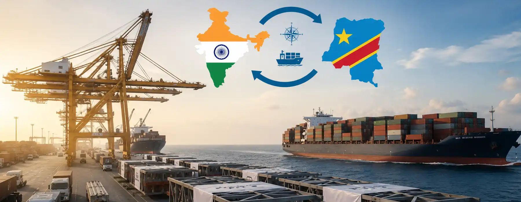 Container ship and port crane representing the export of steel building structures from India to Congo