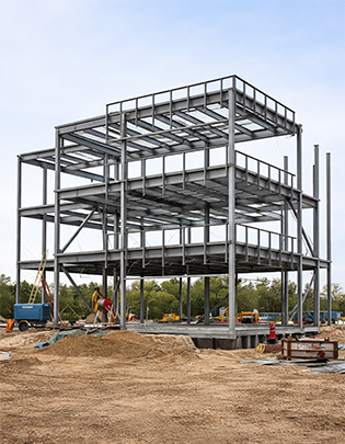 Thick-section steel columns and primary beams forming a heavy structural frame for factory use