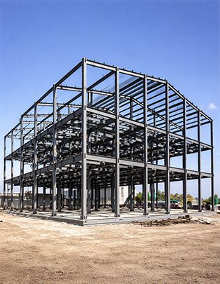 Steel portal frame building with sloped roof, eave columns and open floor plan for industrial use