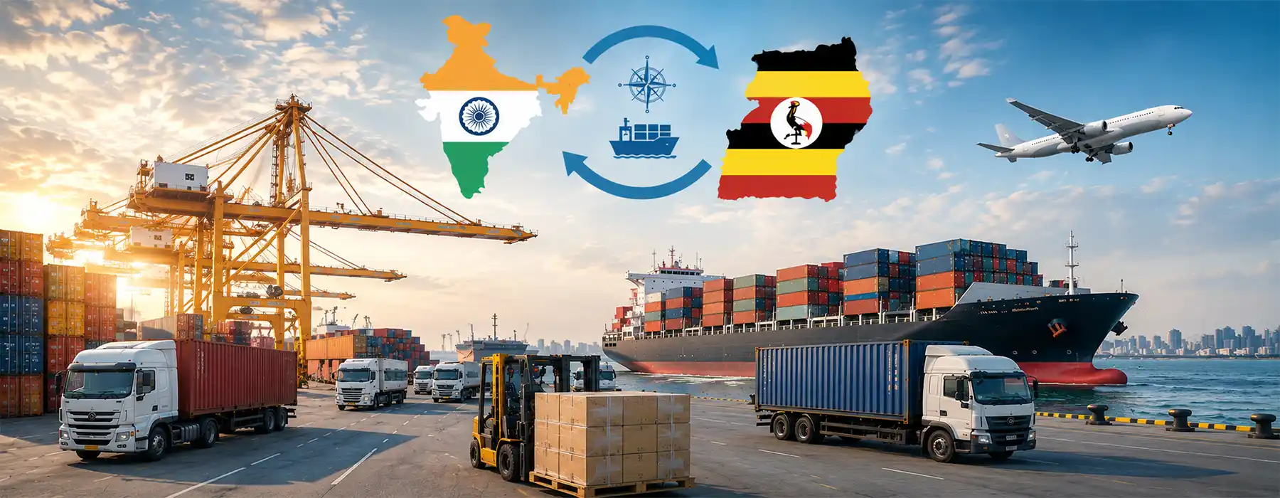 Global freight logistics and trade connection between India and Uganda, showing container ships, commercial trucks, port cranes, and air cargo.