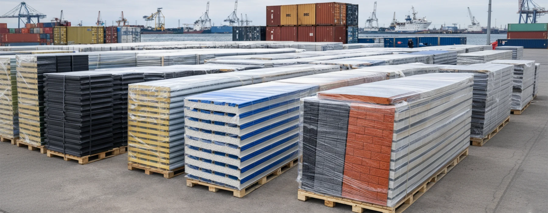 Stacked insulated PUF and Rockwool sandwich panels ready for international export from India